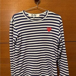 Comme des Garcons Navy and White Striped Long Sleeve Tee